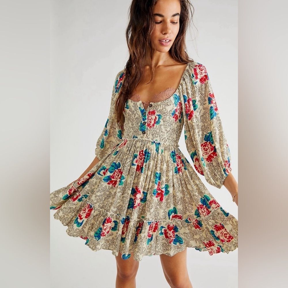 NWT Free People Summer Picnic Printed Mini Dress in Cream size large